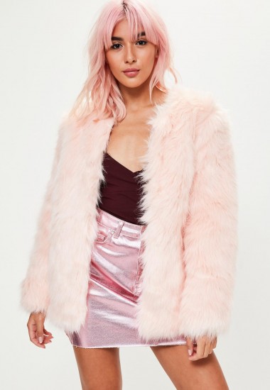 missguided pink collarless faux fur jacket – fluffy jackets – glamorous winter fashion
