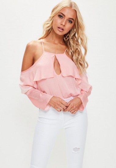 missguided pink frill cold shoulder bodysuit - flipped