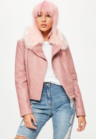 missguided pink fur collar washed biker jacket – winter jackets - flipped