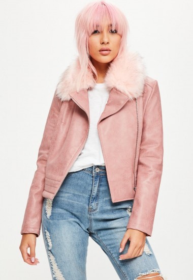 missguided pink fur collar washed biker jacket – winter jackets