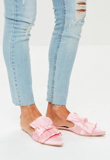 Missguided pink satin bow detail pointed mules ~ luxe style flats - flipped