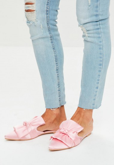 Missguided pink satin bow detail pointed mules ~ luxe style flats
