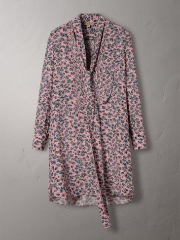 Burberry Pleated Bib Floral Tie Neck Silk Dress / pale rose-pink dresses - flipped