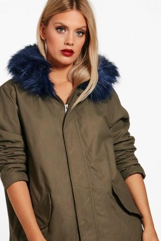 boohoo Plus Amy Bright Contrast Fur Parka | plus size hooded winter jackets - flipped