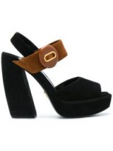 PRADA button detail sandals / black and tan suede angled heel chunky platforms