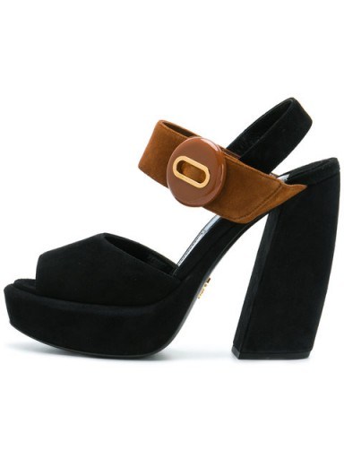 PRADA button detail sandals / black and tan suede angled heel chunky platforms - flipped
