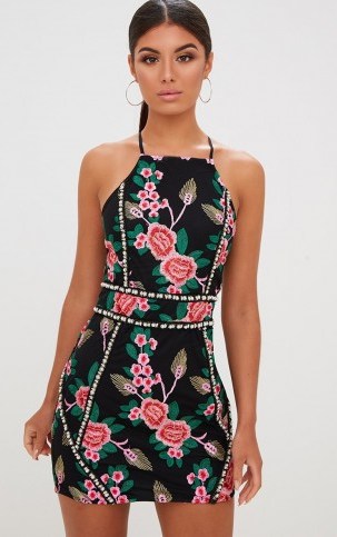 PRETTY LITTLE THING PREMIUM BLACK EMBROIDERED BODYCON DRESS – floral halterneck dresses - flipped