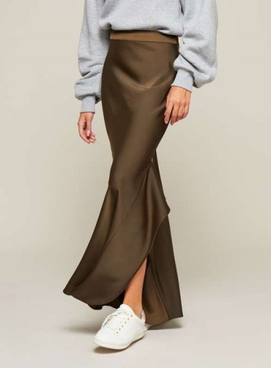 Miss Selfridge PREMIUM Olive Green Maxi Skirt | long silky skirts - flipped