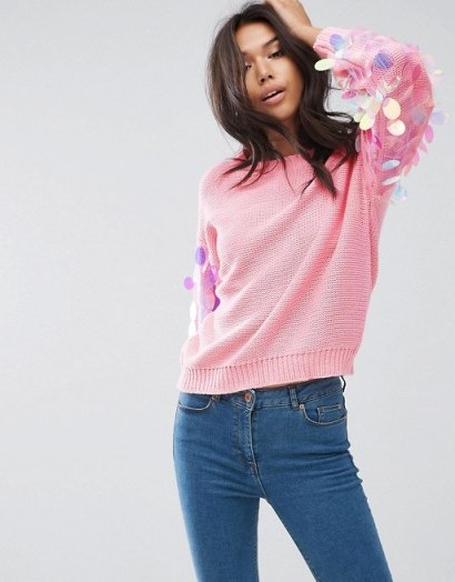 PrettyLittleThing Sequin Sleeve Jumper – pink jumpers – pretty little thing knitwear - flipped