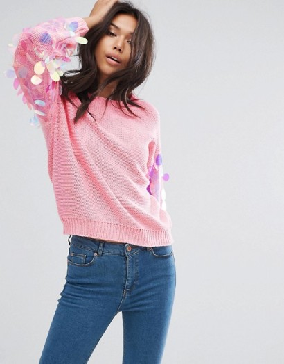 PrettyLittleThing Sequin Sleeve Jumper – pink jumpers – pretty little thing knitwear