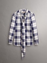 Burberry Pussy-bow Check Flannel Shirt / navy checked tie neck shirts