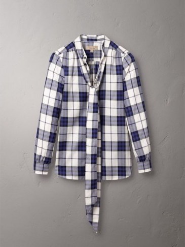 Burberry Pussy-bow Check Flannel Shirt / navy checked tie neck shirts - flipped