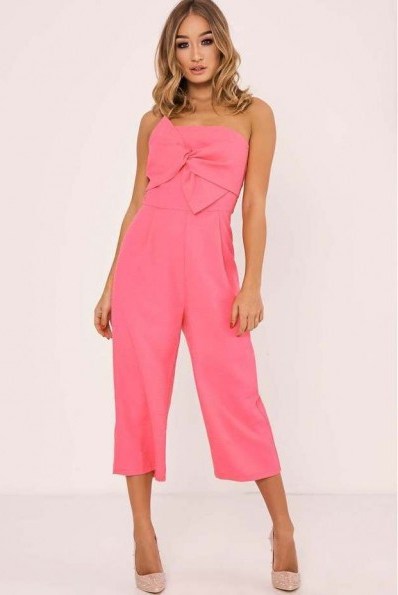 In The Style RAYLENE FUCHSIA BOW FRONT CULOTTE JUMPSUIT – party fashion – strapless jumpsuits – going out - flipped