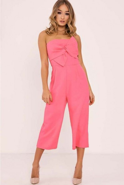 In The Style RAYLENE FUCHSIA BOW FRONT CULOTTE JUMPSUIT – party fashion – strapless jumpsuits – going out