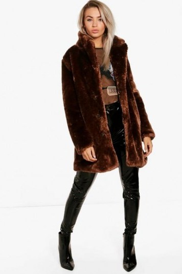 boohoo Rebecca Collared Faux Fur Coat – chocolate brown winter coats - flipped