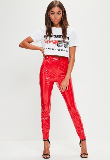 Missguided red ankle grazer vinyl skinny trousers / red high shine pants - flipped