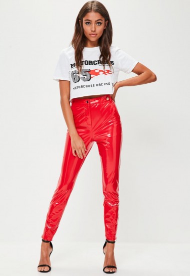 Missguided red ankle grazer vinyl skinny trousers / red high shine pants