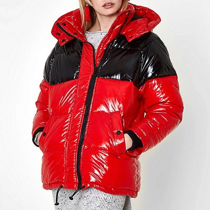 River Island Red colour block oversized puffer coat ~ high shine padded coats