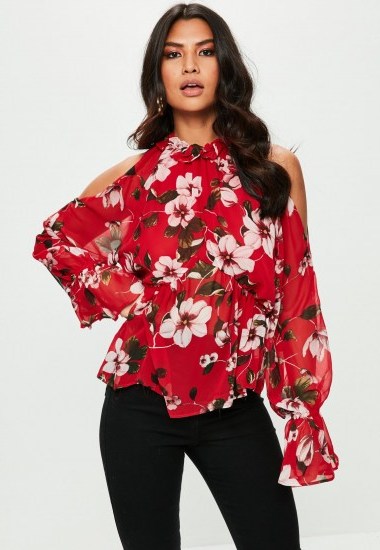 Missguided red floral print cold shoulder chiffon blouse - flipped