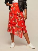 Miss Selfridge Red Floral Print Midi Skirt / tiered asymmetric skirts