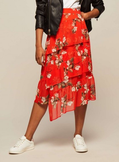 Miss Selfridge Red Floral Print Midi Skirt / tiered asymmetric skirts - flipped