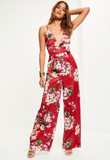 Missguided red floral print silky strappy jumpsuit / low v neck jumpsuits - flipped