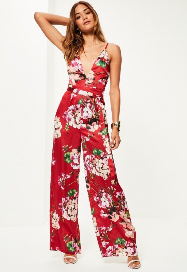 Missguided red floral print silky strappy jumpsuit / low v neck jumpsuits