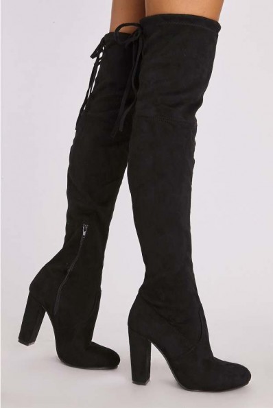In The Style REMI BLACK FAUX SUEDE OVER THE KNEE HEELED BOOTS