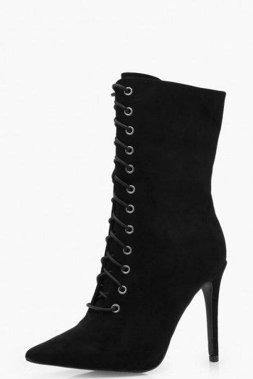 boohoo Rhia Lace Up Pointed Toe Shoe Boot – black stiletto heel boots - flipped