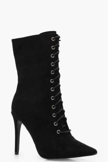 boohoo Rhia Lace Up Pointed Toe Shoe Boot – black stiletto heel boots