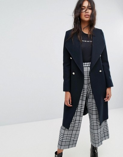 River Island Belted Double Breasted Robe Coat – smart navy wide lapel coats