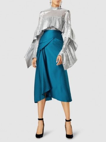 ROLAND MOURET‎ Lathbury Hammered Satin Midi Skirt ~ blue draped skirts - flipped
