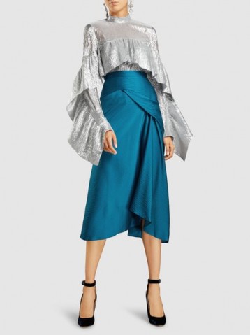 ROLAND MOURET‎ Lathbury Hammered Satin Midi Skirt ~ blue draped skirts