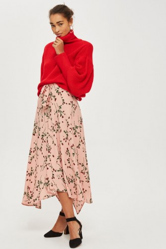 TOPSHOP Rose Bud Asymmetric Midi Skirt / blush pink floral skirts
