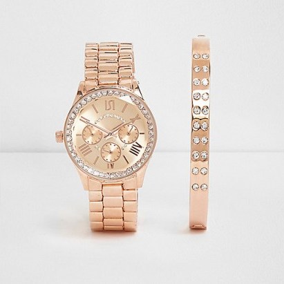 River Island Rose gold tone watch and bracelet set ~ pink tone watches - flipped
