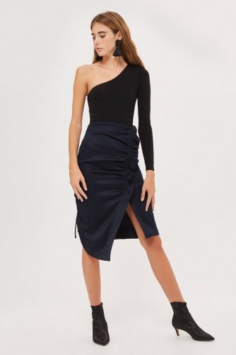 Topshop Ruched Midi Skirt ~ navy blue asymmetric skirts ~ party fashion - flipped