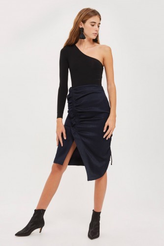Topshop Ruched Midi Skirt ~ navy blue asymmetric skirts ~ party fashion