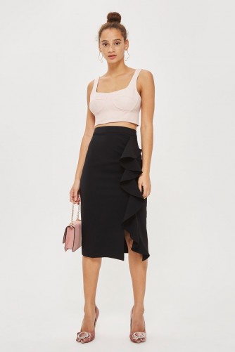 Topshop Ruffle Crepe Midi Skirt | black ruffled pencil skirts