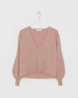 Ryan Roche V Neck Sweater with Fully Fashioned Sleeves | nude pink fine knit cashmere sweaters | knitwear