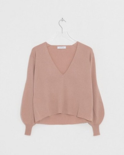 Ryan Roche V Neck Sweater with Fully Fashioned Sleeves | nude pink fine knit cashmere sweaters | knitwear - flipped