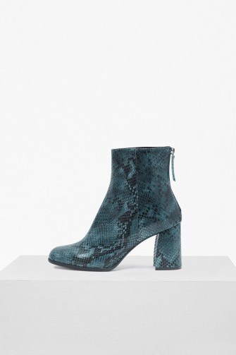French Connection SAFFI SNAKE SKIN LEATHER ANKLE BOOTS | blue block heels | winter footwear - flipped