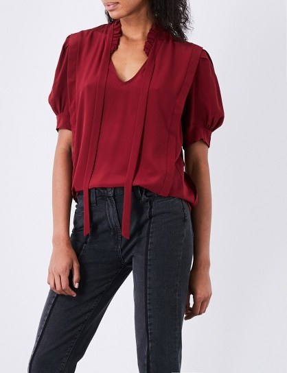 SANDRO Puff-sleeve silk top | burgundy-red ruffle neck tops - flipped