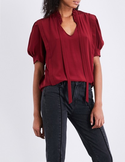 SANDRO Puff-sleeve silk top | burgundy-red ruffle neck tops