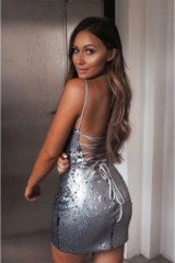 SARAH ASHCROFT SILVER SEQUIN LACE UP BACK DRESS – metallic going out dresses – evening glamour