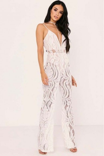 SARAH ASHCROFT WHITE FLOCKED LACE JUMPSUIT ~ sheer plunge front jumpsuits - flipped