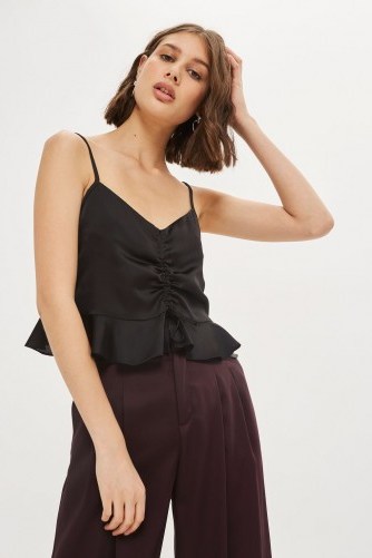 TOPSHOP Satin Ruched Camisole Top – black camisoles – strappy tops - flipped