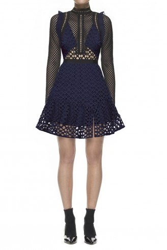 $289.00 Self Portrait Hall Lace Mesh Mini Dress Navy - flipped