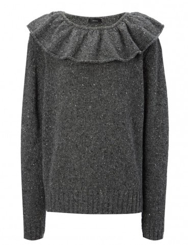JOSEPH Shetland Knit Frill Sweater | charcoal-grey ruffle neck sweaters - flipped