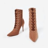 EGO Sian Lace Up Pearl Detail Ankle Boot In Mocha Faux Suede ~ coffee-brown pointed toe boots