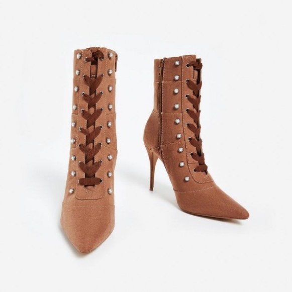 EGO Sian Lace Up Pearl Detail Ankle Boot In Mocha Faux Suede ~ coffee-brown pointed toe boots - flipped